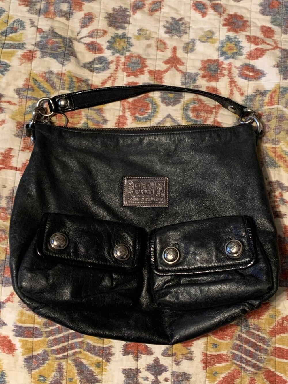 Coach Black Leather Poppy Swing Hobo Shoulder Bag Crossbody Purse Front Pockets